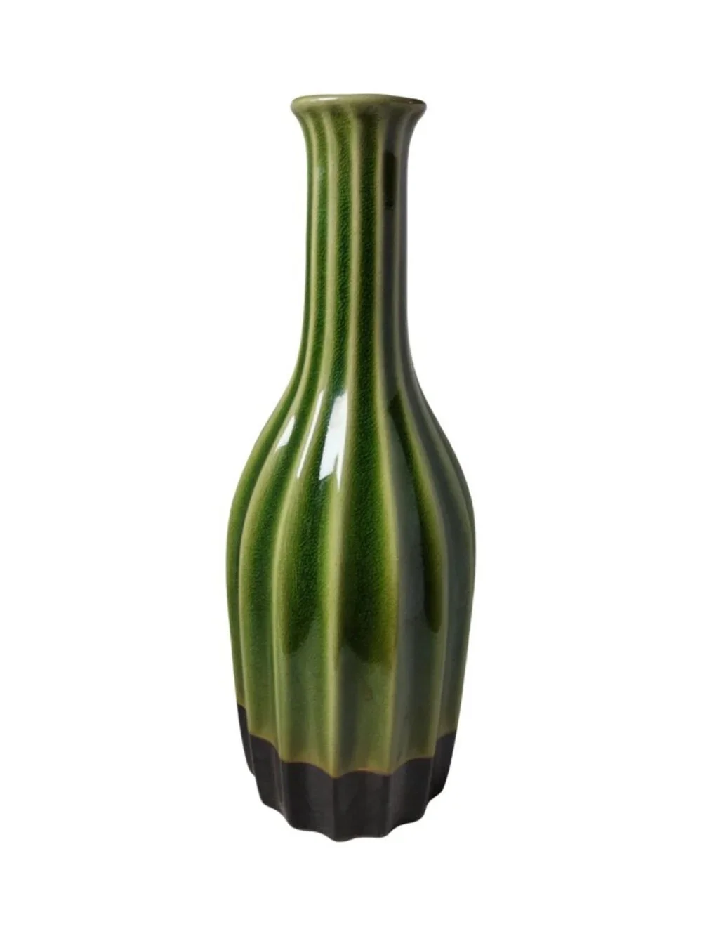 Vintage Dk.Green,Black Heavy Ceramic Ribbed Flanged Lip Vase